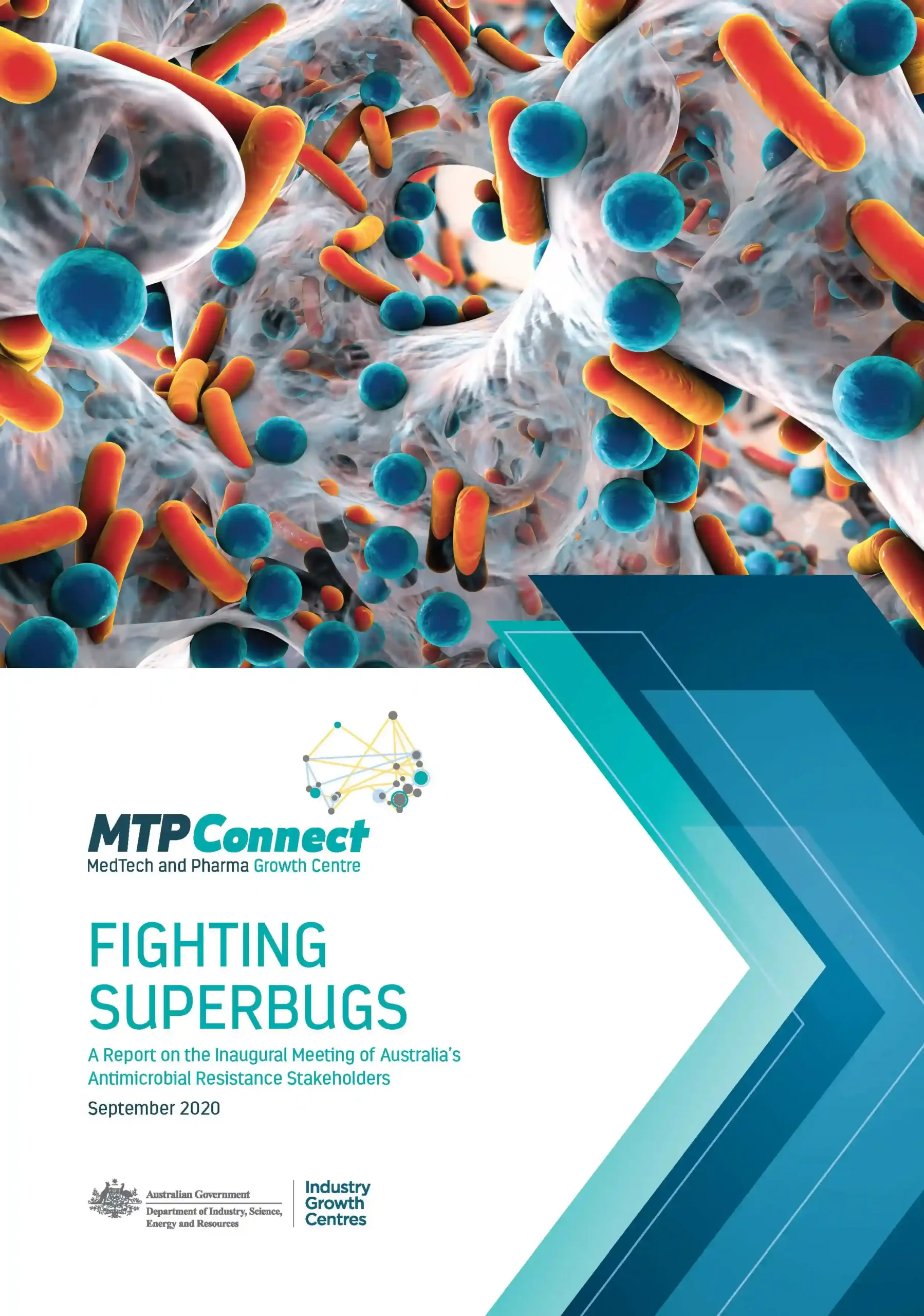 Microscopic bacteria—orange rod-shaped and blue spherical cells—adhere within a white, porous biofilm above a teal-and-blue geometric report cover.