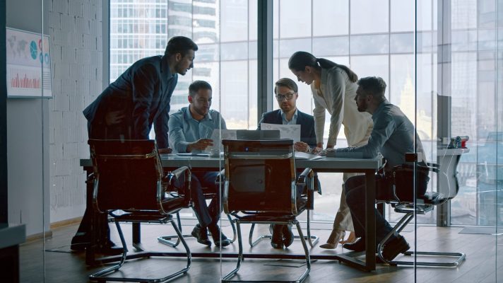Young businesswoman telling colleagues her development vision at a meeting in office